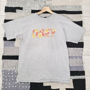 Obey Clothing Hawaiian Floral Logo T-Shirt Gray Short Sleeve Streetwear Men's M